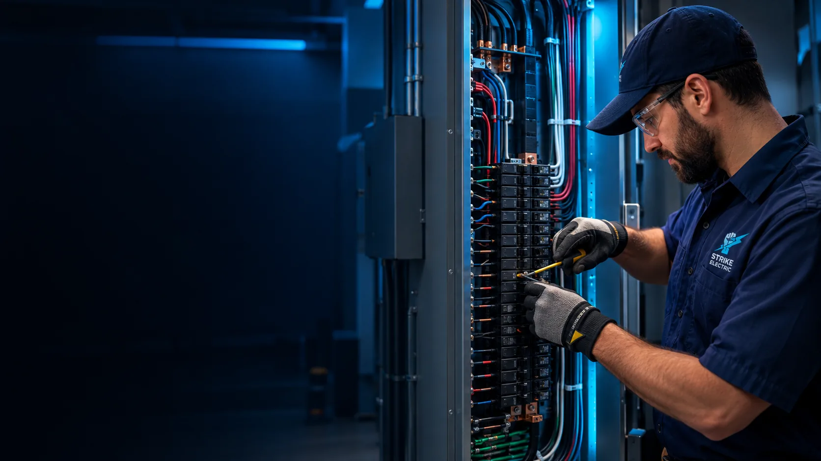 Electricista de Strike Electric conectando cables en un panel comercial